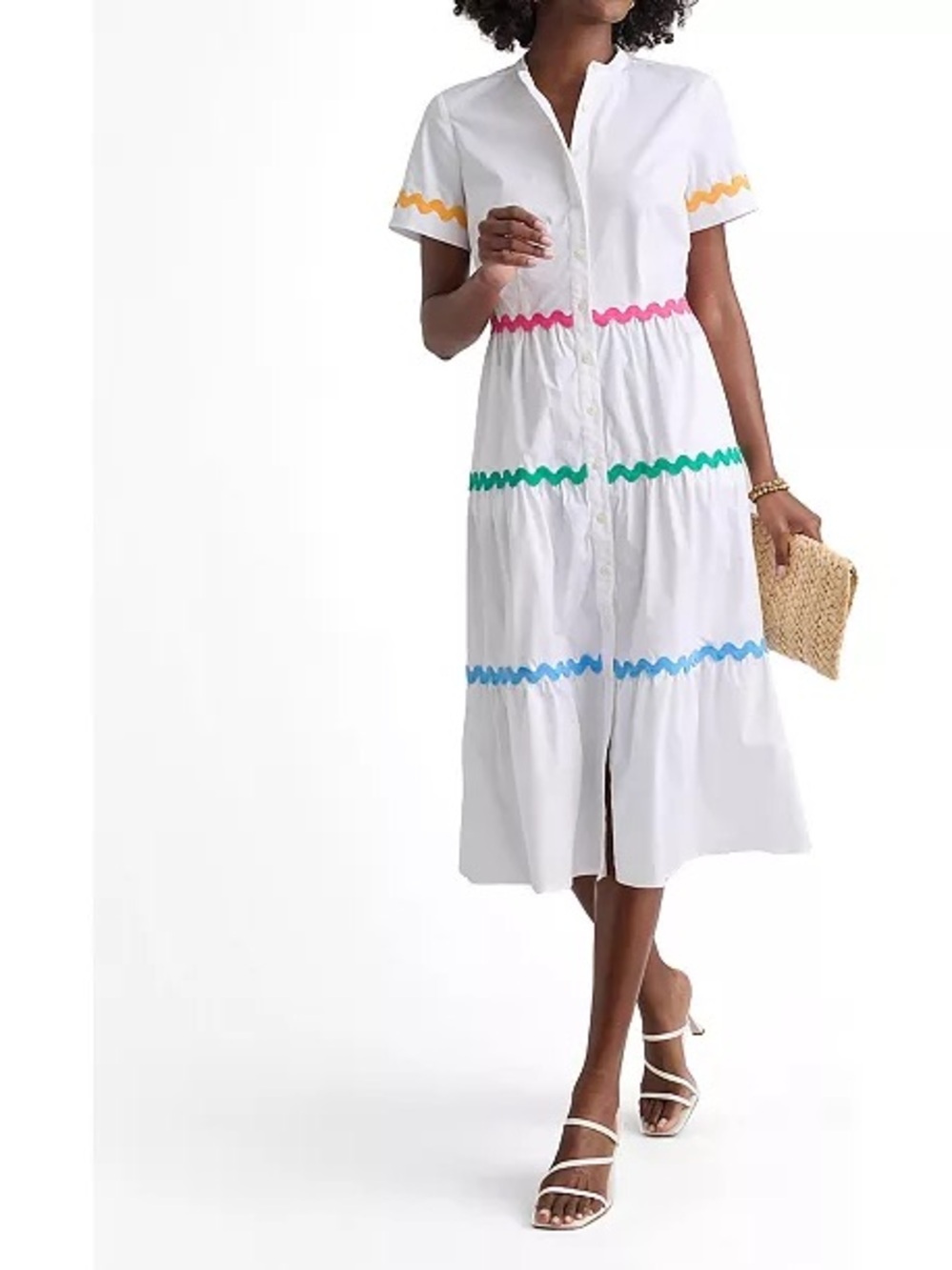 UNTUCKit White Button-Front Midi Dress with Yellow, Pink, Green & Blue Rickrack